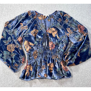 Another Love Flora Burnout Velvet Peplum Top Women's XS Sheer Blue Long Sleeve
